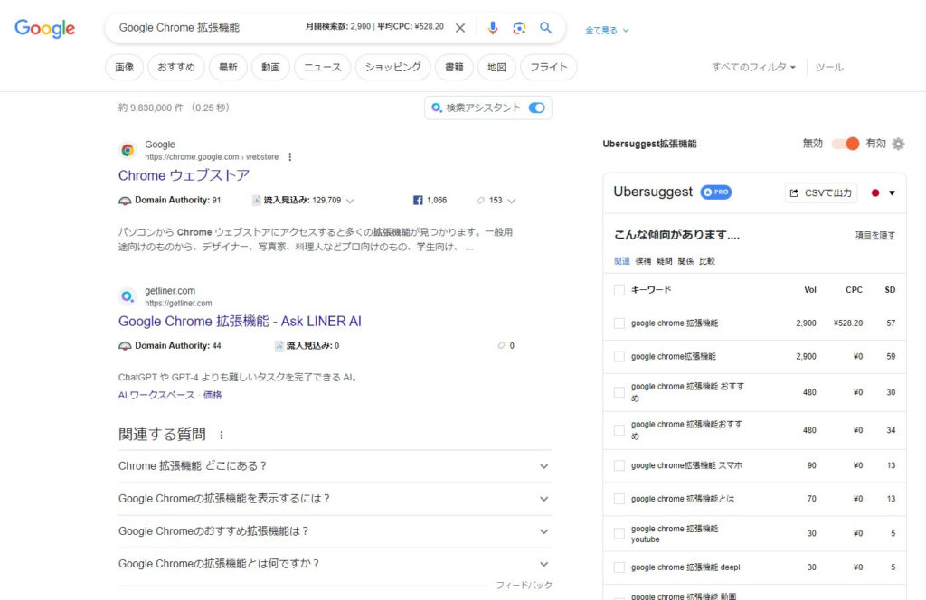 Ubersuggest - SEO&キーワードの発見の実行画面